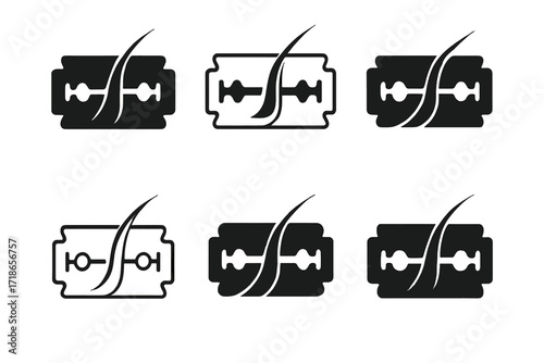 Razor Blade Logos. Hair cut design sketches. Set Logo of hair cut design sketches: razor blade with strand of hair. harmonious logo variations of the same