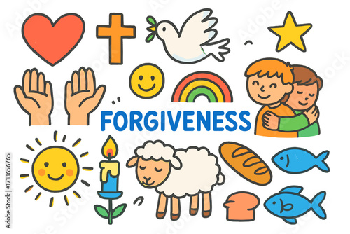 Symbols of Forgiveness. Forgiveness. Colorful Hand-drawn doodle Children illustration heart, open hands, cross, dove, flower, rainbow, smiling face, star,