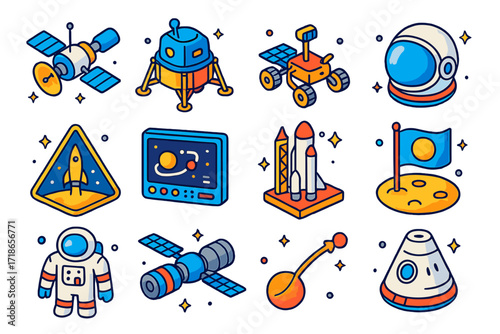 Space Icons Collection. Colorful isometric vector icons set of space missions and exploration: space probe, lunar lander, Mars rover, astronaut helmet, mission
