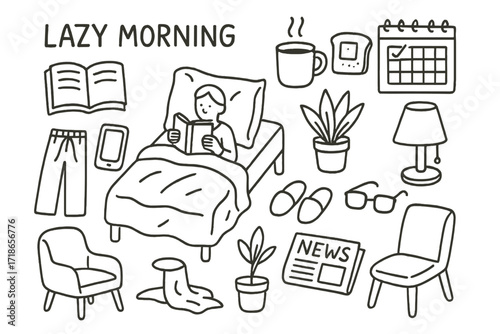 Lazy Morning Icons. Hand-drawn doodle illustration Lazy morning reading book, bed, coffee mug, toast, phone, pajama pants, pillow, blanket, plant, slippers,