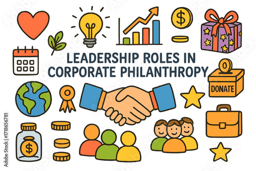Corporate Philanthropy Doodles. Leadership roles in corporate philanthropy. Colorful Hand-drawn doodle Children illustration
