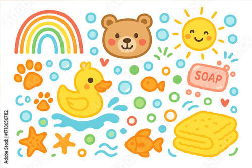 Kids Bath Time Doodles. Colorful Hand-drawn doodle Children illustration Kids bath rug rainbow loops, bear face, paw prints,