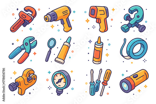 Colorful Isometric Tools. Colorful isometric vector icons set of tools for pipe inspection and repair: pipe wrench, heat gun,