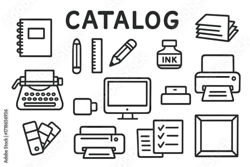 Creative Tools Doodle. Print Design. Hand-drawn doodle illustration catalog cover, sketchbook, pencil, ruler, paper stack, ink