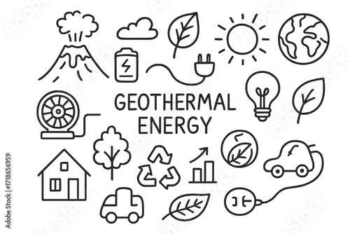 Geothermal Energy Icons. Hand-drawn doodle illustration Geothermal energy [volcano, steam, turbine, battery, plug, light bulb, recycle symbol, house, tree,