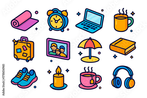 Work-Life Balance Icons. Work-Life Balance. Colorful isometric vector icons set of Work-Life Balance: yoga mat, clock, laptop, coffee mug, vacation suitcase,