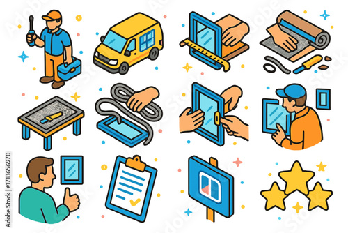 Screen Repair Icons. Colorful isometric vector icons set of screen replacement services: technician with toolbox, mobile repair van, measuring