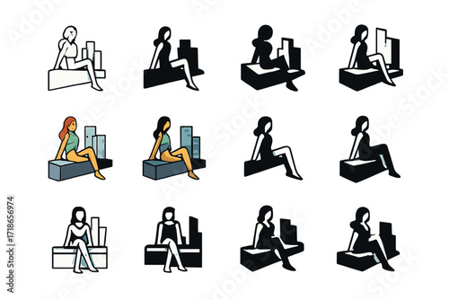 Geometric Logo Grid. Set Logo of Model on Location: rooftop fashion shoot. Logo set in vector style, emblematic variations. line, bold thick line, solid black