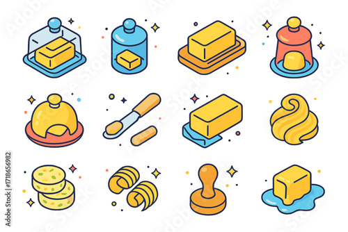 Butter Dish Icons. Colorful isometric vector icons set of butter dishes and accessories: classic glass butter dish, ceramic butter