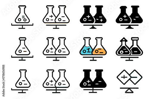 Ionic Equilibrium Logos. Set Logo of equilibrium in scientific experiment: Ionic equilibrium diagram. Logo set in vector style, emblematic variations. line,
