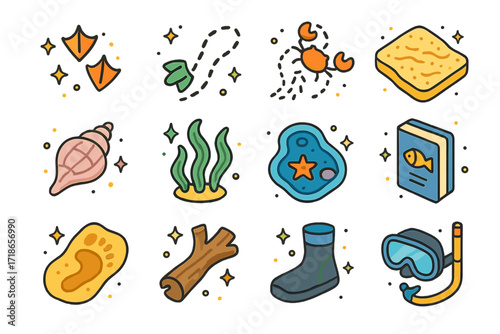 Marine Creature Icons. Colorful isometric vector icons set of Tracking Marine and Shoreline Creatures: seagull footprints, crab tracks, turtle flipper trail,