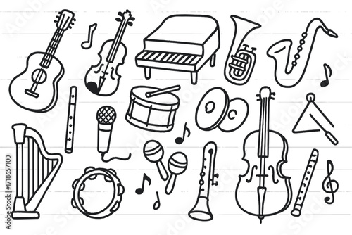 Musical Instruments Doodle. Hand-drawn doodle illustration Musical instrument collection [guitar, violin, piano, drum, trumpet, saxophone, flute, microphone,