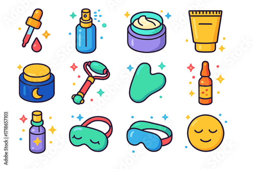 Skincare Icon Set. Colorful isometric vector icons set of skincare after makeup removal: serum dropper, hydrating mist, face moisturizer jar, eye cream tube,