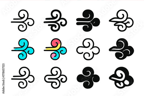 Deep Sigh Logos. Set Logo of Deep Sigh: Air swirl lines. Logo set in vector style, emblematic variations. line, bold thick line,