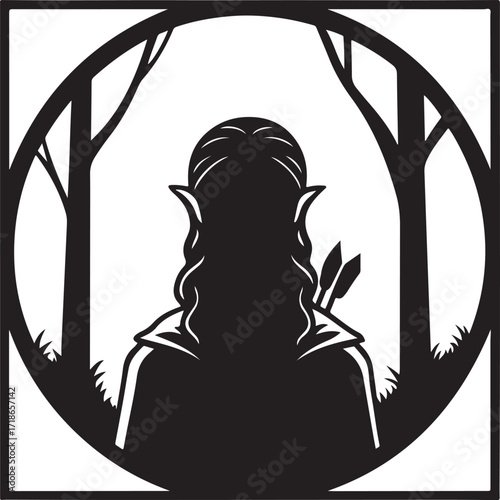 Back view of an elf with arrows in a forest circle