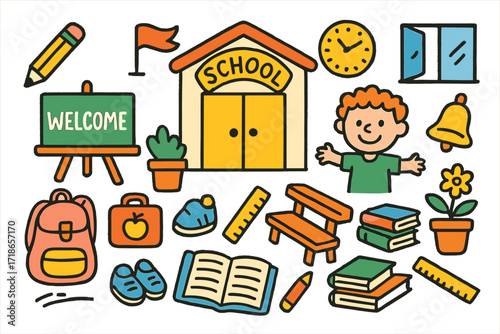 School Essentials Doodle. Colorful Hand-drawn doodle Children illustration Minimal school entrance school door, chalkboard sign, backpack, lunchbox, pencil,
