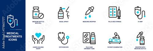 Medical Treatments Blue Colored Outline Icon Set