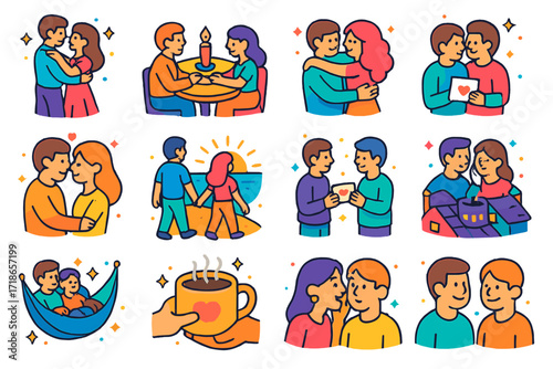 Romantic Connection Icons. Colorful isometric vector icons set of romantic connection: slow dance, candlelight dinner gaze, surprise embrace, nose nuzzle,