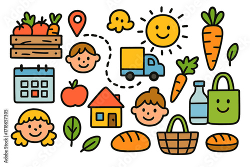 Children's Food Network Doodles. Colorful Hand-drawn doodle Children illustration neighborhood food network crate, map pin, delivery route, calendar, apple,