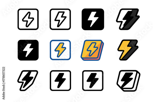 Lightning Bolt Logos. Set Logo of Content Series Branding: lightning bolt inside frame. Logo set in vector style, emblematic variations. line, bold thick line,