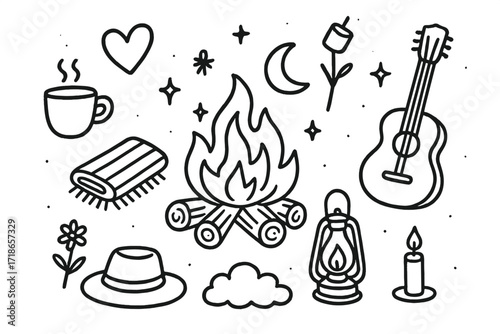 Romantic Campfire Doodles. Hand-drawn doodle illustration Romantic bonfire [bonfire flames, logs, heart, moon, star, cup, blanket,