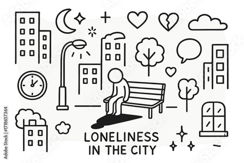 City Loneliness Doodle. Hand-drawn doodle illustration Loneliness in the city [tall buildings, streetlight, bench, lone figure, moon, star, sparkle, heart,