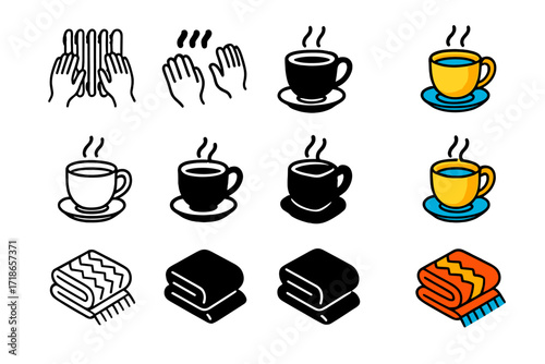 Cozy Comfort Icons. Icon Set of Warming Hands Indoors: Hands near radiator, Cup of hot tea, Wool blanket. Icons set in vector style, emblematic variations.