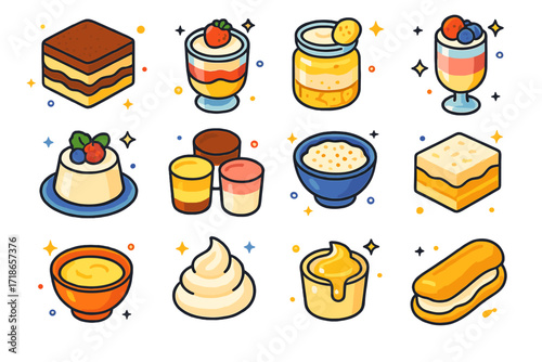 Colorful Creamy Desserts Icons. Colorful isometric vector icons set of Creamy and layered treats: tiramisu layers, trifle cup,