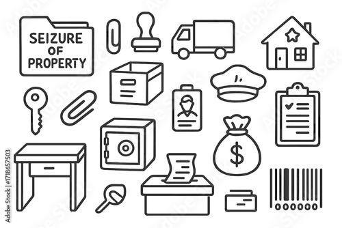 Property Seizure Doodles. Hand-drawn doodle illustration Seizure of property document folder, stamp, gavel, truck, sheriff hat, house, key, paper clip, file