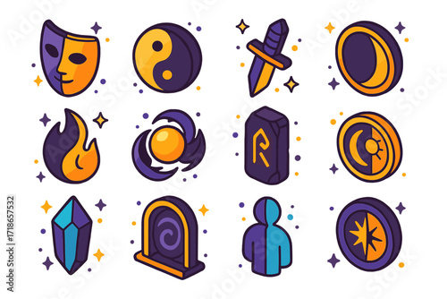 Colorful Isometric Icons. Colorful isometric vector icons set of shadow and light contrasts: half-lit mask, yin-yang sphere, twilight dagger, eclipse mirror,