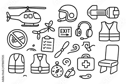 Helicopter Safety Doodle. Hand-drawn doodle illustration helicopter safety briefing helicopter, pilot helmet, headset, seatbelt, safety vest, exit sign,