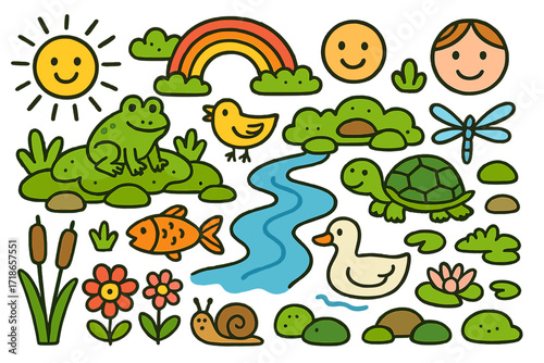 Colorful Nature Doodles. Colorful Hand-drawn doodle Children illustration Moss and Riverbank mossy stones, flowing stream, fish,
