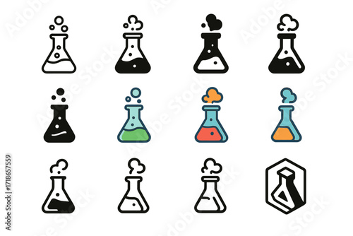 Colorful Flask Logos. Set Logo of Flasks: Flask with bubbling potion and vapor. Logo set in vector style, emblematic variations. line, bold thick line, solid