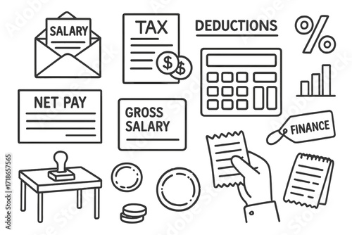 Tax Deduction Doodles. Hand-drawn doodle illustration salary and tax deductions envelope icon, tax paper, coins, deduction line, percentage symbol, calculator,