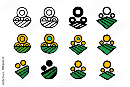 Crop Circle Logos. Set Logo of Crop Fields: Field with Crop Circles Design. Logo set in vector style, emblematic variations. line, bold thick line, solid black