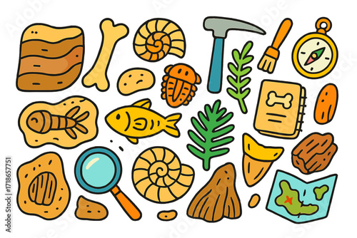 Fossil Exploration Doodles. Colorful Hand-drawn doodle Children illustration Fossils in rocks [rock layers, fossil bone, shell