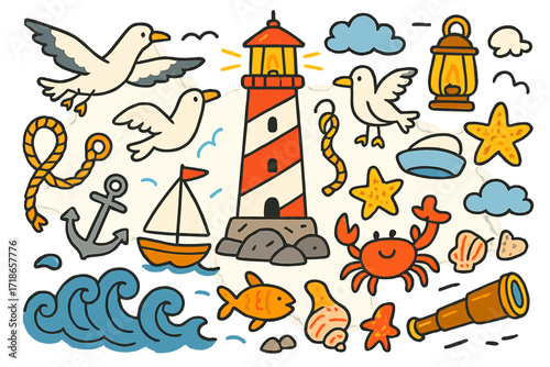 Seaside Doodle Extravaganza. Colorful Hand-drawn doodle Children illustration Seagulls flying around lighthouse seagulls, lighthouse, lantern, rope, anchor,