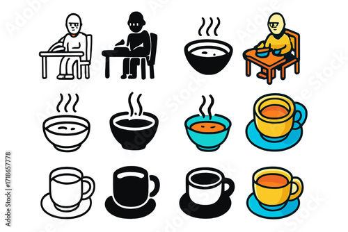 Elderly Meal Icon Set. Icon Set of Elderly meals: dining table with elder, soup bowl, tea cup. Icons set in vector style, emblematic variations. Dining table