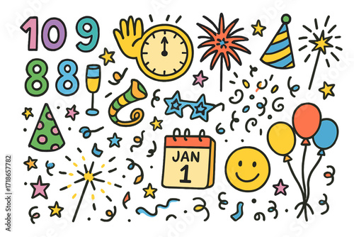 Festive New Year Celebration. Colorful Hand-drawn doodle Children illustration New Year Sparkler clock, 12 o’clock, sparkler,