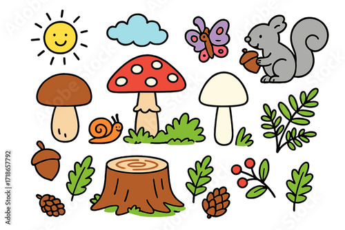 Forest Doodle Adventure. Colorful Hand-drawn doodle Children illustration Mushrooms in the forest [red toadstool, brown mushroom,