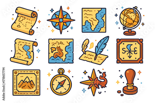 Colorful Cartography Icons. Colorful isometric vector icons set of Old maps and cartography: rolled parchment map, compass rose, antique globe, aged map