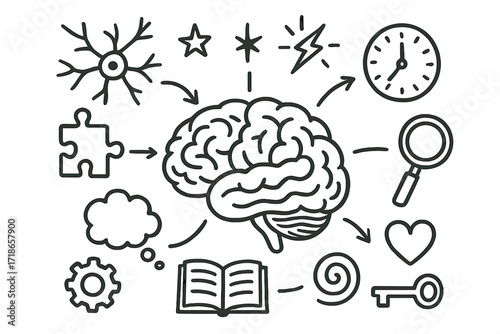 Brain Connection Doodles. Hand-drawn doodle illustration Brain and memory connections [brain, neuron, dendrite, spark, star, arrow, puzzle piece, gear, thought