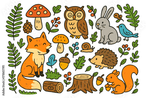 Woodland Creatures and Flora. Woodland. Colorful Hand-drawn doodle Children illustration Woodland mushrooms, fox, owl, pinecone, squirrel, rabbit, hedgehog,