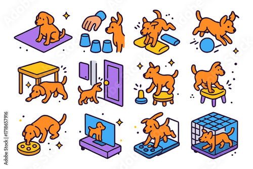 Indoor Dog Training Icons. Colorful isometric vector icons set of indoor dog training: dog on yoga mat, treat hidden under cup, jumping over cushions, dog