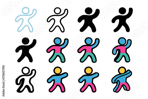 Zumba Glow Logos. Set Logo of Zumba Glow: Neon outline dancer. Logo set in vector style, emblematic variations. line, bold thick line, solid black filled,