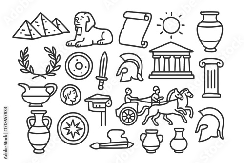 Ancient Civilization Icons. Ancient civilizations. Hand-drawn doodle illustration ancient civilizations pyramids, sphinx, scrolls, pottery, coins, temples,