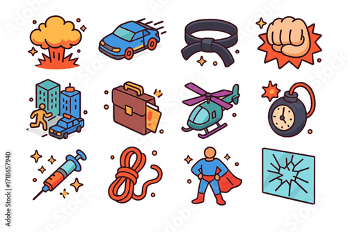 Action Genre Icons. Colorful isometric vector icons set of Action Genre: explosion icon, speeding car, martial arts belt, punch effect, city chase scene,