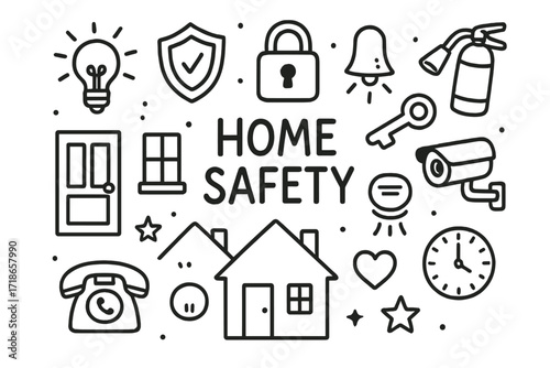 Home Safety Icons. Hand-drawn doodle illustration Home safety [house, lock, key, shield, bell, camera, light bulb, fire extinguisher, door, window, smoke