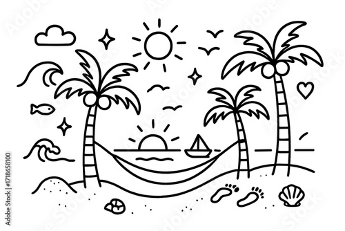 Tropical Oasis Doodles. Hand-drawn doodle illustration Palm trees with ocean view [palm tree, wave, coconut, sun, star, sparkle, cloud, fish, bird, boat,