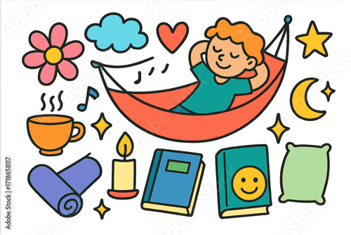 Relaxing Doodle Montage. Relaxation. Colorful Hand-drawn doodle Children illustration hammock, tea cup, candle, flower, star, heart, cloud, book, music note,